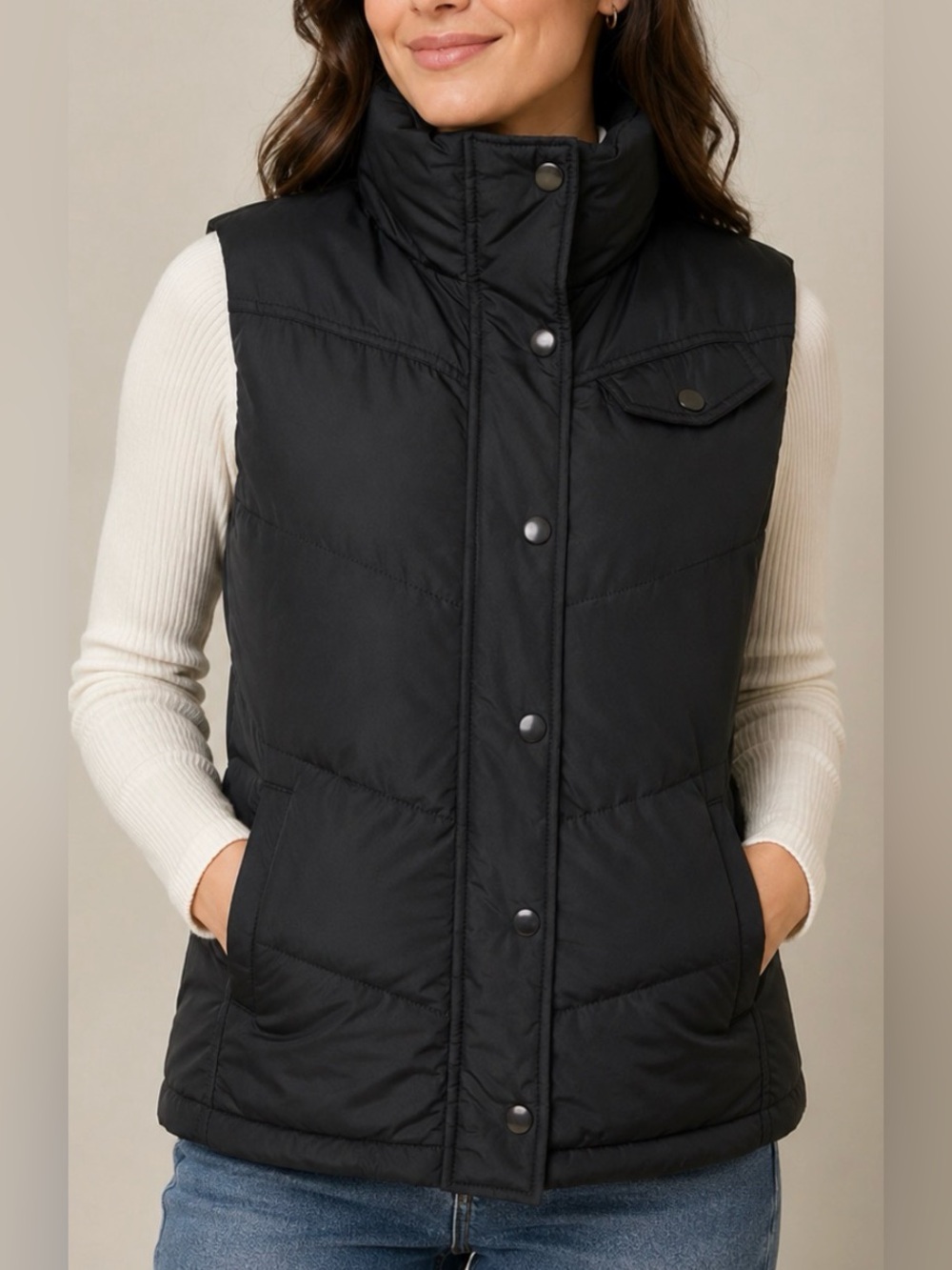 Banana Republic Black Quilted Full Zip & Snap-Front Puffer Vest Size Medium